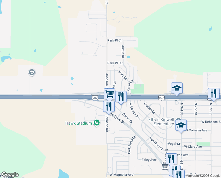 map of restaurants, bars, coffee shops, grocery stores, and more near 1509 Rita Lane in Iowa Park