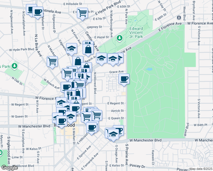 map of restaurants, bars, coffee shops, grocery stores, and more near 551 Daniel Freeman Circle in Inglewood