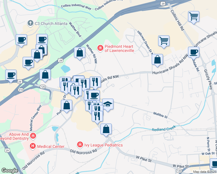 map of restaurants, bars, coffee shops, grocery stores, and more near 704 Bridge Way in Lawrenceville