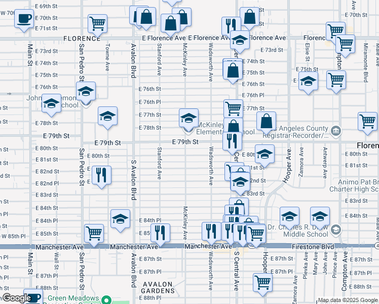 map of restaurants, bars, coffee shops, grocery stores, and more near 807 East 80th Street in Los Angeles