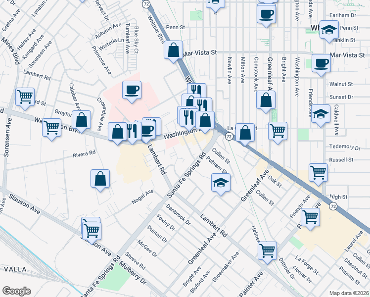 map of restaurants, bars, coffee shops, grocery stores, and more near 12534 Persing Drive in Whittier