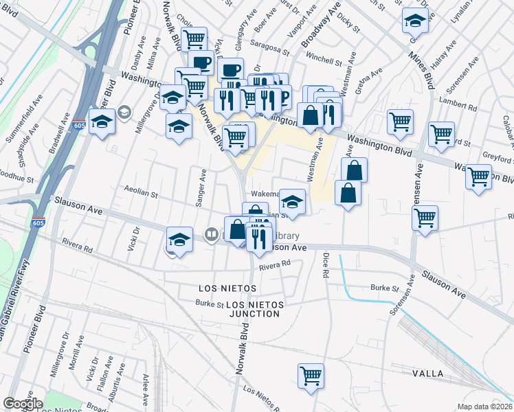 map of restaurants, bars, coffee shops, grocery stores, and more near 8350 Norwalk Boulevard in Whittier