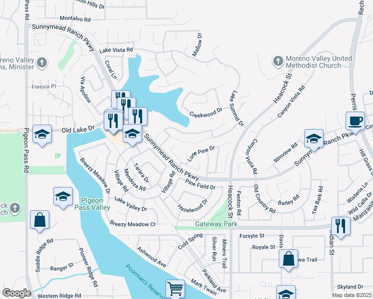 map of restaurants, bars, coffee shops, grocery stores, and more near 23768 Timber Bluff Court in Moreno Valley