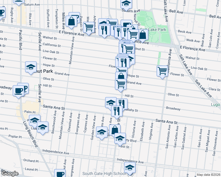 map of restaurants, bars, coffee shops, grocery stores, and more near 3152 Olive Street in Huntington Park