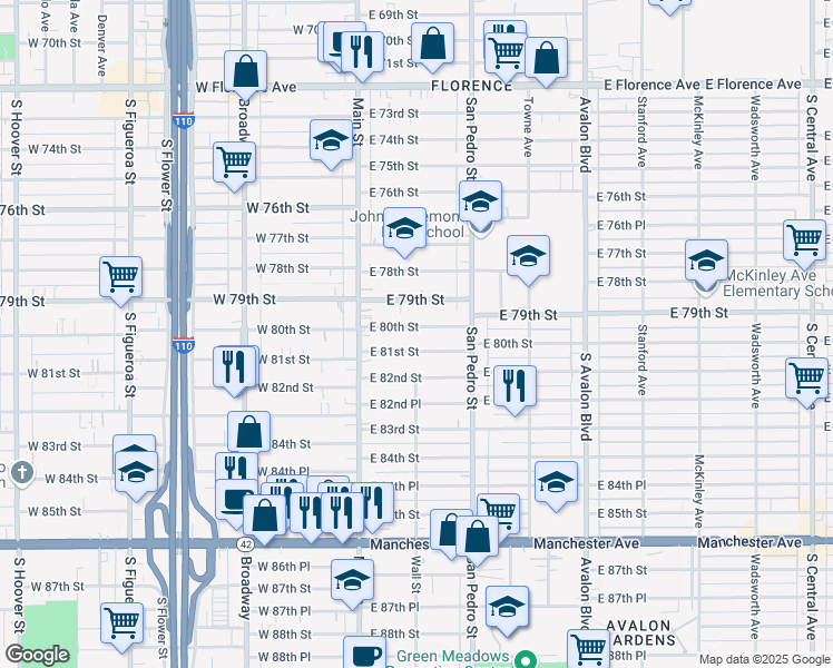 map of restaurants, bars, coffee shops, grocery stores, and more near 162 East 80th Street in Los Angeles