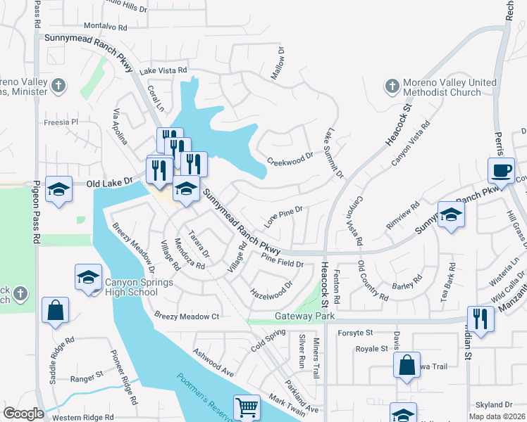map of restaurants, bars, coffee shops, grocery stores, and more near 23768 Timber Bluff Court in Moreno Valley