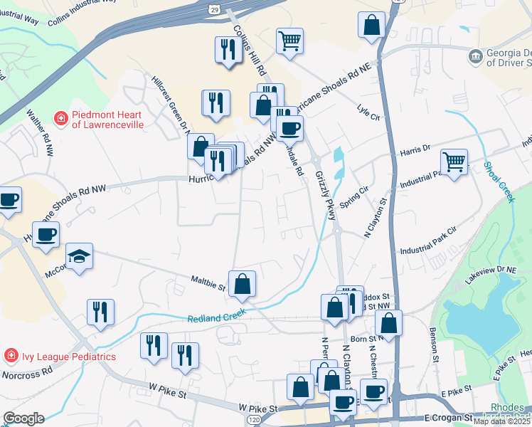 map of restaurants, bars, coffee shops, grocery stores, and more near 499 Southern Way in Lawrenceville
