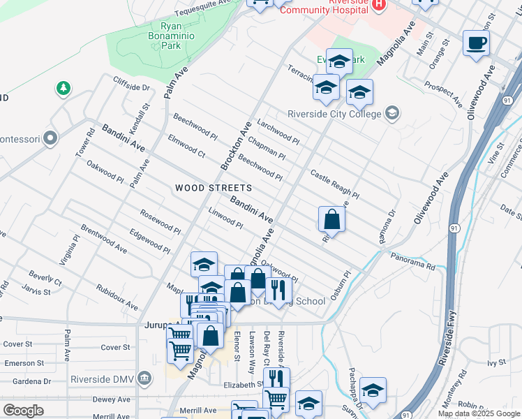 map of restaurants, bars, coffee shops, grocery stores, and more near 3857 Elmwood Court in Riverside