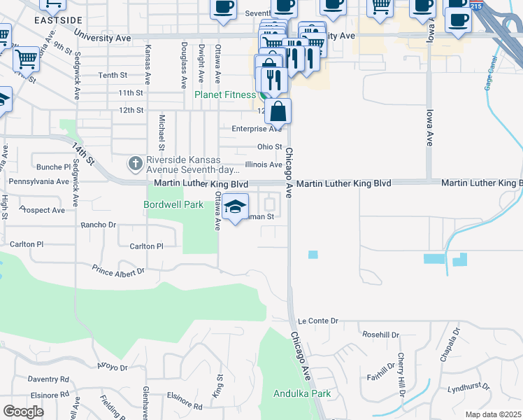 map of restaurants, bars, coffee shops, grocery stores, and more near 4564 Belford Way in Riverside
