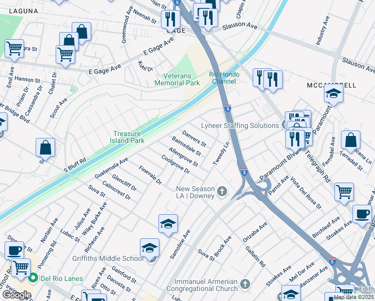 map of restaurants, bars, coffee shops, grocery stores, and more near 7802 Danvers Street in Downey