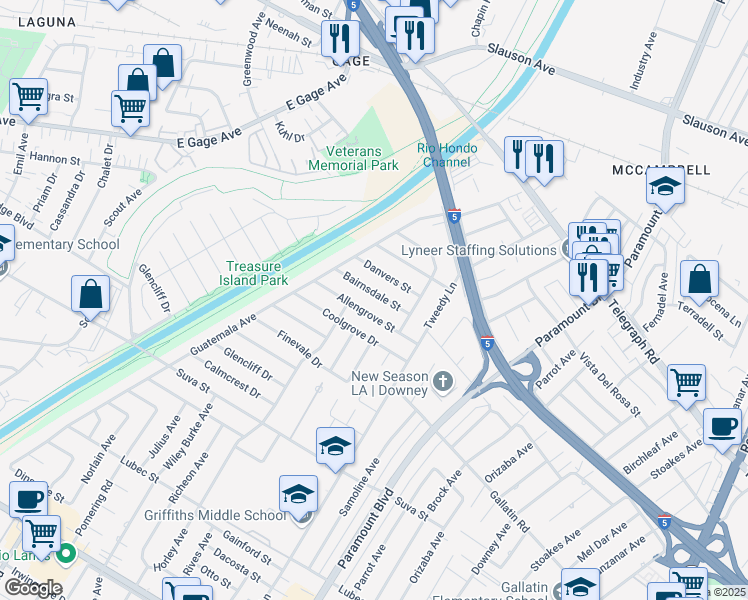map of restaurants, bars, coffee shops, grocery stores, and more near 7810 Bairnsdale Street in Downey