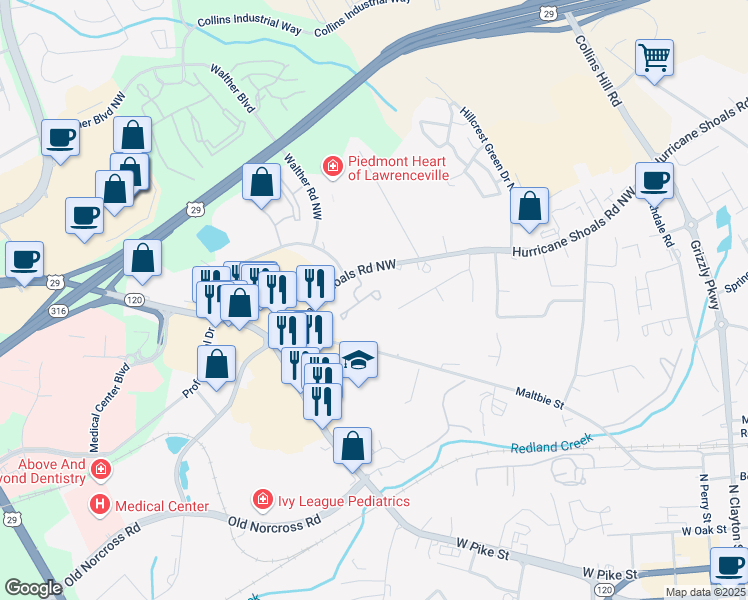 map of restaurants, bars, coffee shops, grocery stores, and more near 513 Bridge Way in Lawrenceville