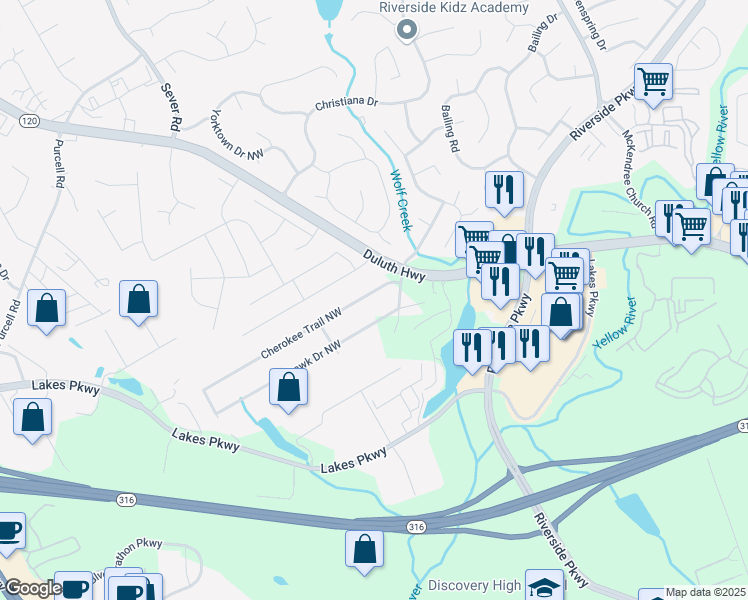map of restaurants, bars, coffee shops, grocery stores, and more near 1256 Cherokee Trail Northwest in Lawrenceville