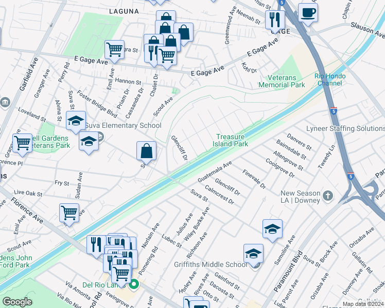 map of restaurants, bars, coffee shops, grocery stores, and more near 7336 Cleargrove Drive in Downey