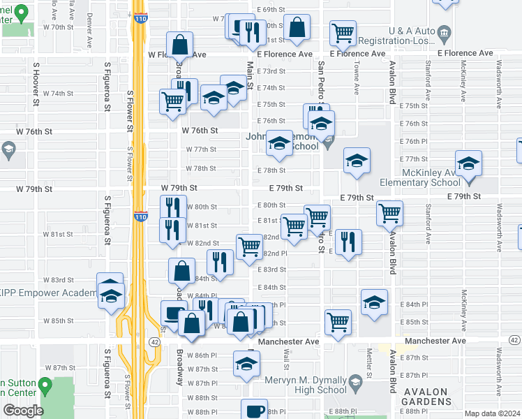 map of restaurants, bars, coffee shops, grocery stores, and more near 114 East 80th Street in Los Angeles