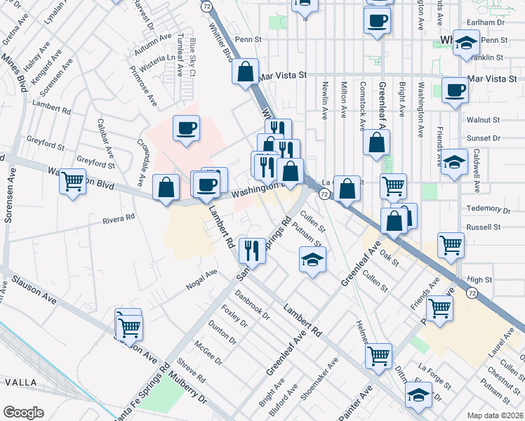 map of restaurants, bars, coffee shops, grocery stores, and more near 12534 Persing Drive in Whittier