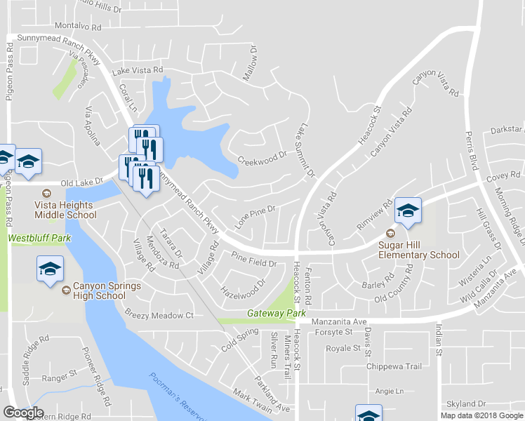 map of restaurants, bars, coffee shops, grocery stores, and more near 23848 Lone Pine Drive in Moreno Valley