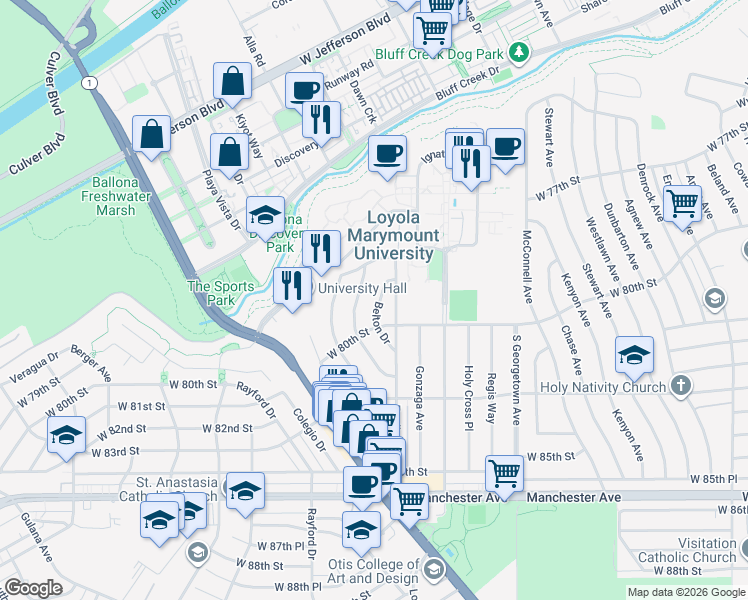 map of restaurants, bars, coffee shops, grocery stores, and more near 7815 Nardian Way in Los Angeles