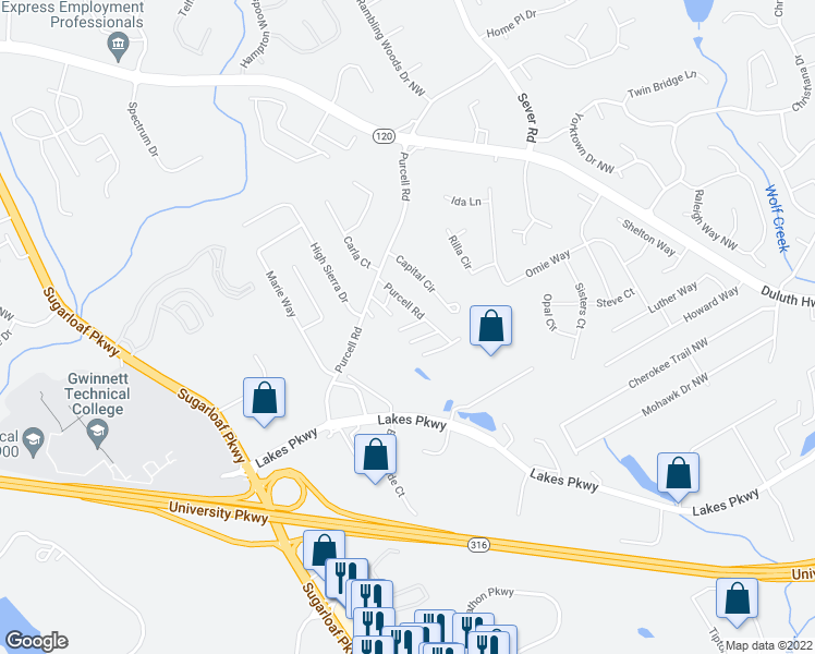 map of restaurants, bars, coffee shops, grocery stores, and more near 1350 Capital Circle in Lawrenceville