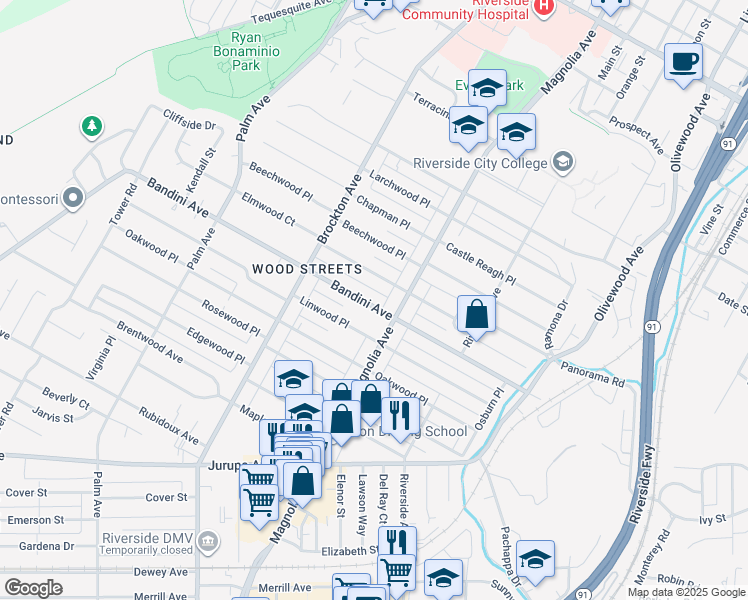 map of restaurants, bars, coffee shops, grocery stores, and more near 3857 Elmwood Court in Riverside