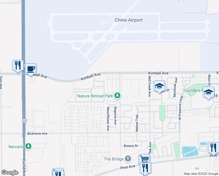 map of restaurants, bars, coffee shops, grocery stores, and more near 15769 Molly Avenue in Chino