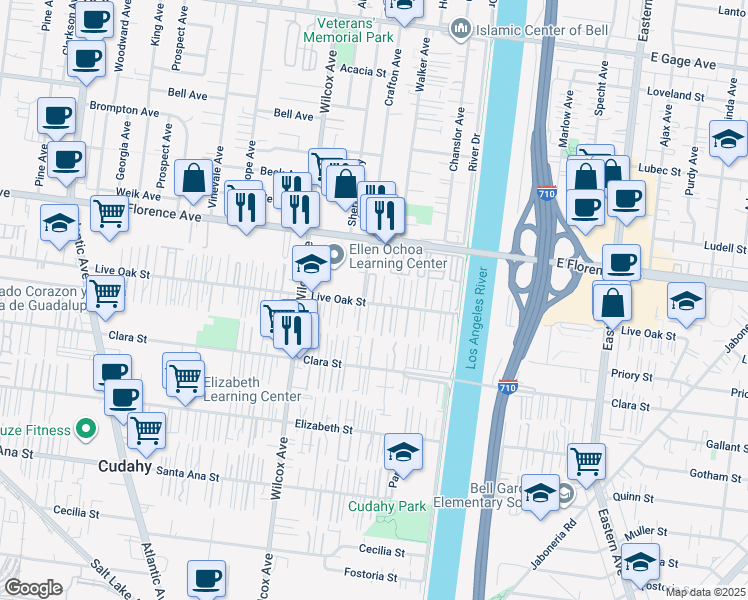 map of restaurants, bars, coffee shops, grocery stores, and more near 5149 Live Oak Street in Cudahy