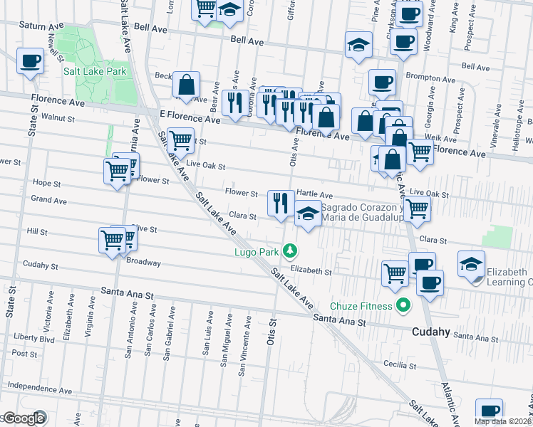 map of restaurants, bars, coffee shops, grocery stores, and more near 4112 Flower Street in Cudahy