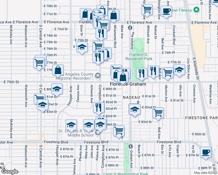 map of restaurants, bars, coffee shops, grocery stores, and more near 1533 Nadeau Street in Los Angeles