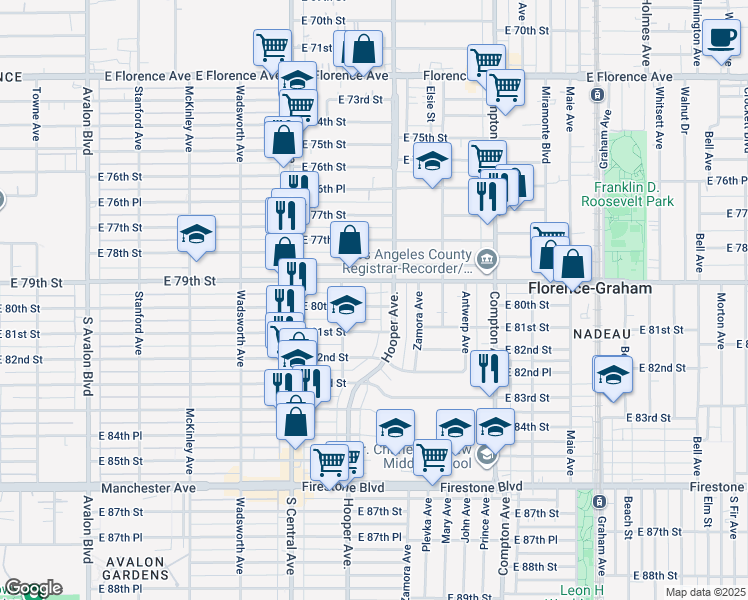 map of restaurants, bars, coffee shops, grocery stores, and more near 1253 Nadeau Street in Los Angeles
