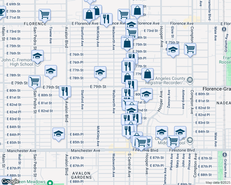 map of restaurants, bars, coffee shops, grocery stores, and more near 7820 Wadsworth Avenue in Los Angeles