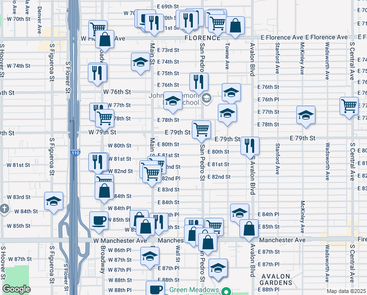map of restaurants, bars, coffee shops, grocery stores, and more near 238 East 79th Street in Los Angeles