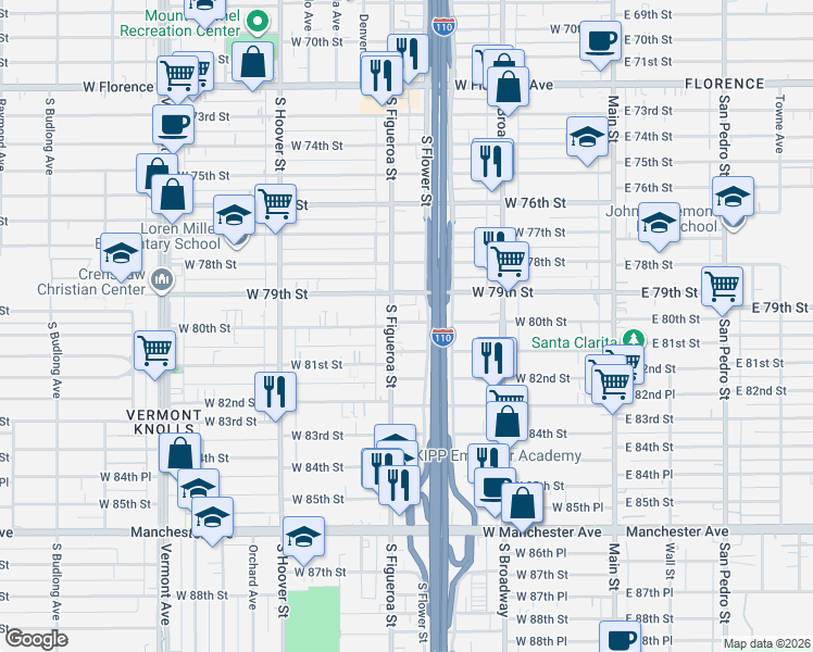 map of restaurants, bars, coffee shops, grocery stores, and more near 7912 South Figueroa Street in Los Angeles