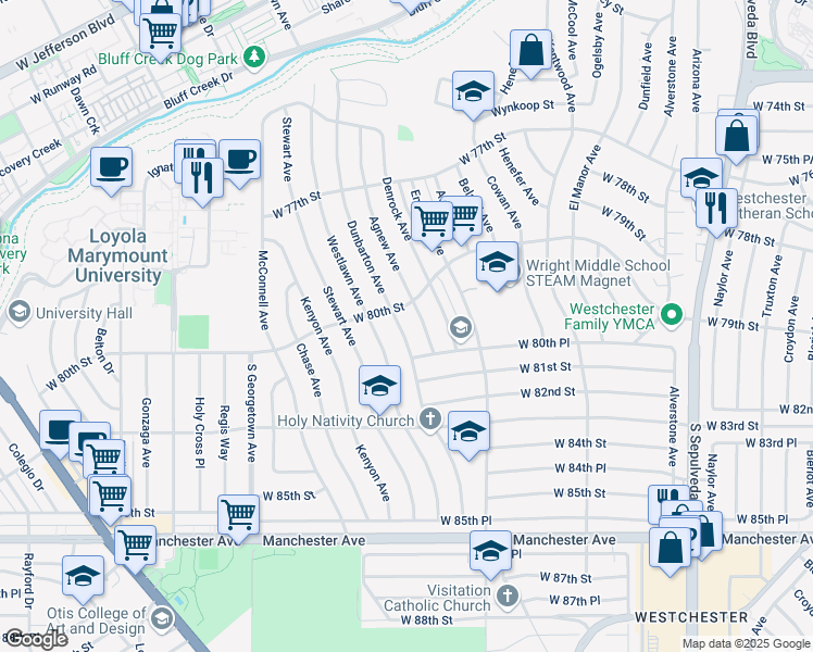 map of restaurants, bars, coffee shops, grocery stores, and more near 6650 West 80th Street in Los Angeles