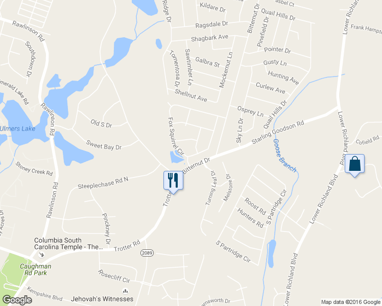 map of restaurants, bars, coffee shops, grocery stores, and more near 301 Fox Squirrel Circle in Columbia