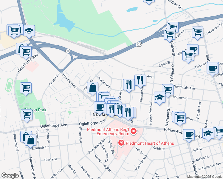 map of restaurants, bars, coffee shops, grocery stores, and more near 1220 Boulevard in Athens