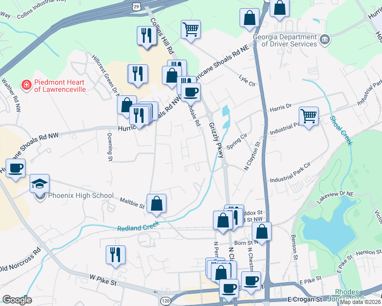 map of restaurants, bars, coffee shops, grocery stores, and more near 708 Hampton Square Drive in Lawrenceville