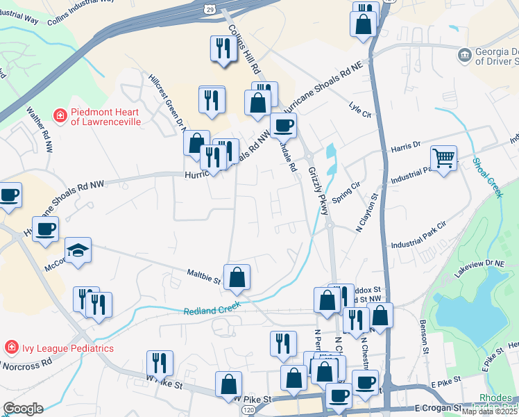 map of restaurants, bars, coffee shops, grocery stores, and more near 499 Southern Way in Lawrenceville