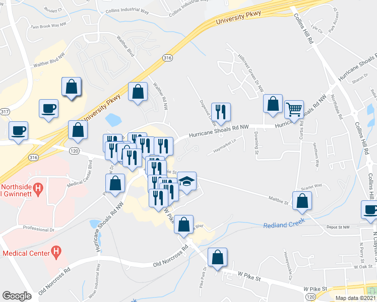 map of restaurants, bars, coffee shops, grocery stores, and more near 523 Hurricane Shoals Road Northwest in Lawrenceville