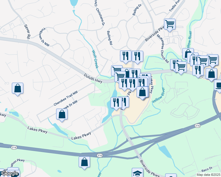map of restaurants, bars, coffee shops, grocery stores, and more near 1109 Collections Drive in Lawrenceville
