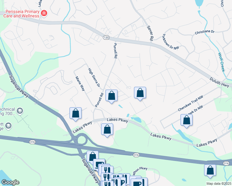 map of restaurants, bars, coffee shops, grocery stores, and more near 1350 Capital Circle in Lawrenceville