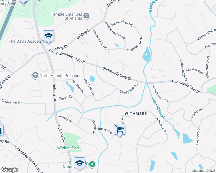 map of restaurants, bars, coffee shops, grocery stores, and more near 5651 Bend Creek Road in Dunwoody