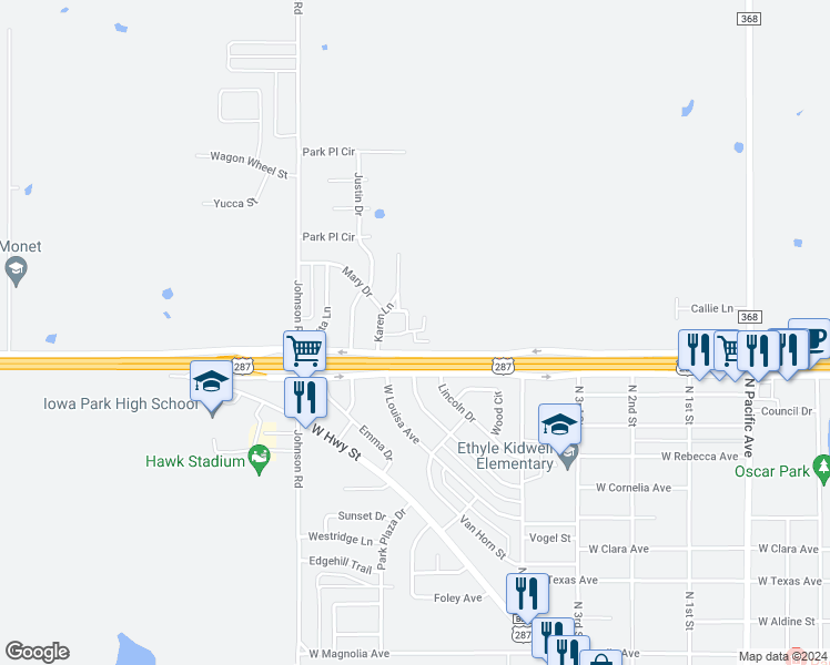 map of restaurants, bars, coffee shops, grocery stores, and more near 1601 Karen Lane in Iowa Park