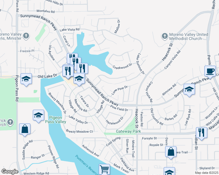 map of restaurants, bars, coffee shops, grocery stores, and more near 23760 Timber Bluff Court in Moreno Valley