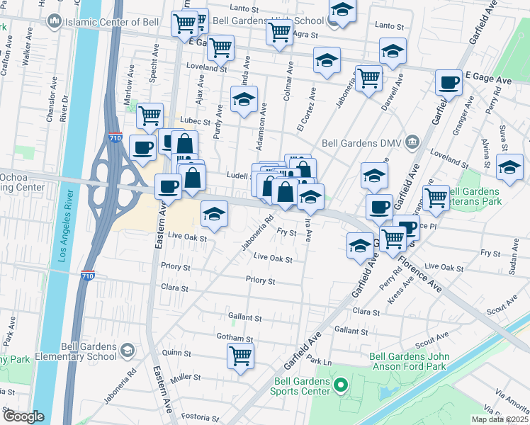 map of restaurants, bars, coffee shops, grocery stores, and more near 5985 Florence Avenue in Bell Gardens