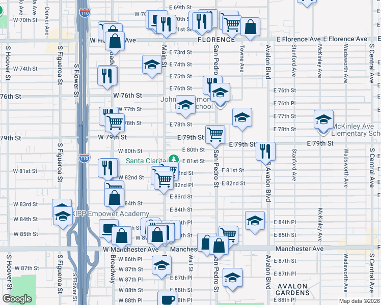map of restaurants, bars, coffee shops, grocery stores, and more near 162 East 80th Street in Los Angeles