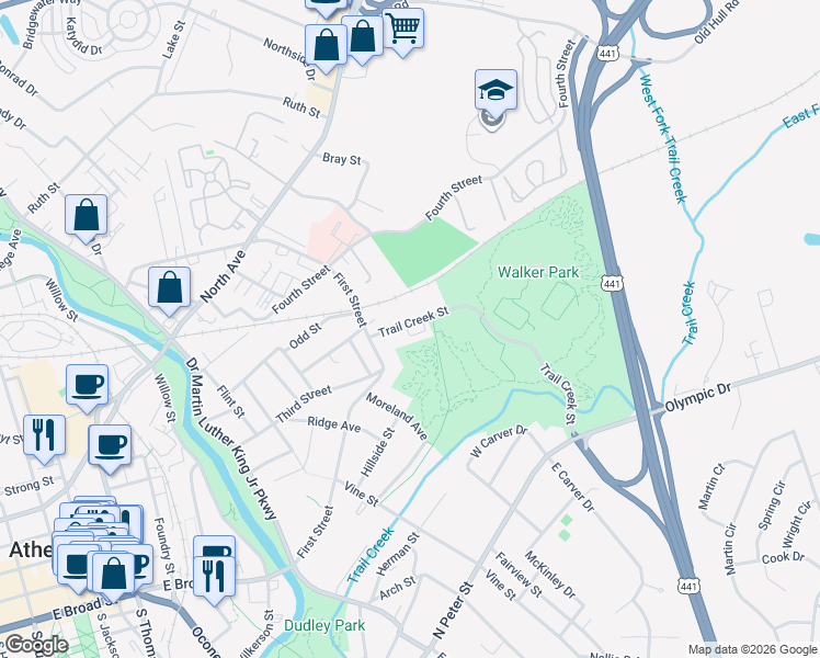 map of restaurants, bars, coffee shops, grocery stores, and more near 149 Trail Creek Street in Athens