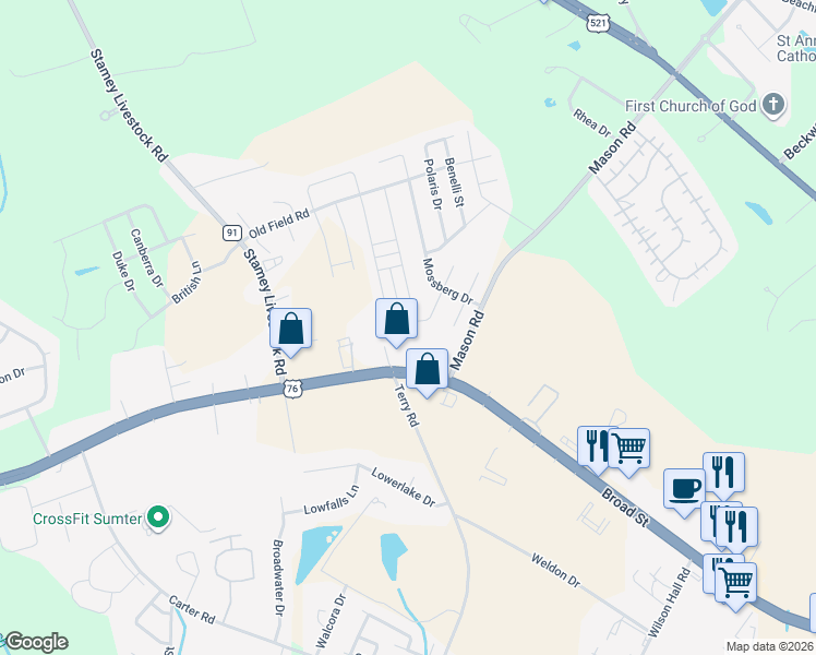 map of restaurants, bars, coffee shops, grocery stores, and more near 1566 Ruger Drive in Sumter