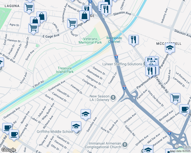 map of restaurants, bars, coffee shops, grocery stores, and more near 7810 Bairnsdale Street in Downey