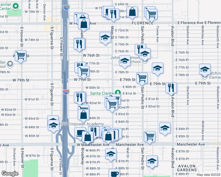 map of restaurants, bars, coffee shops, grocery stores, and more near 2 West 80th Street in Los Angeles
