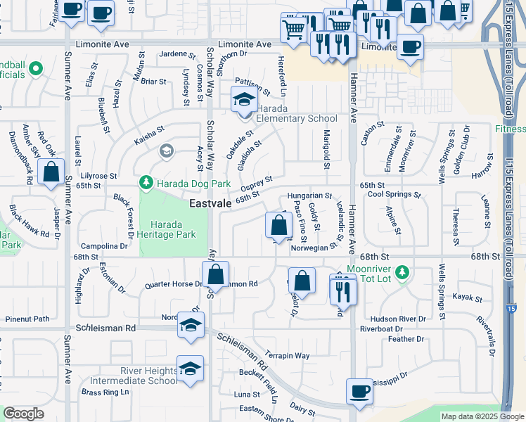 map of restaurants, bars, coffee shops, grocery stores, and more near 12846 Mustang Street in Corona